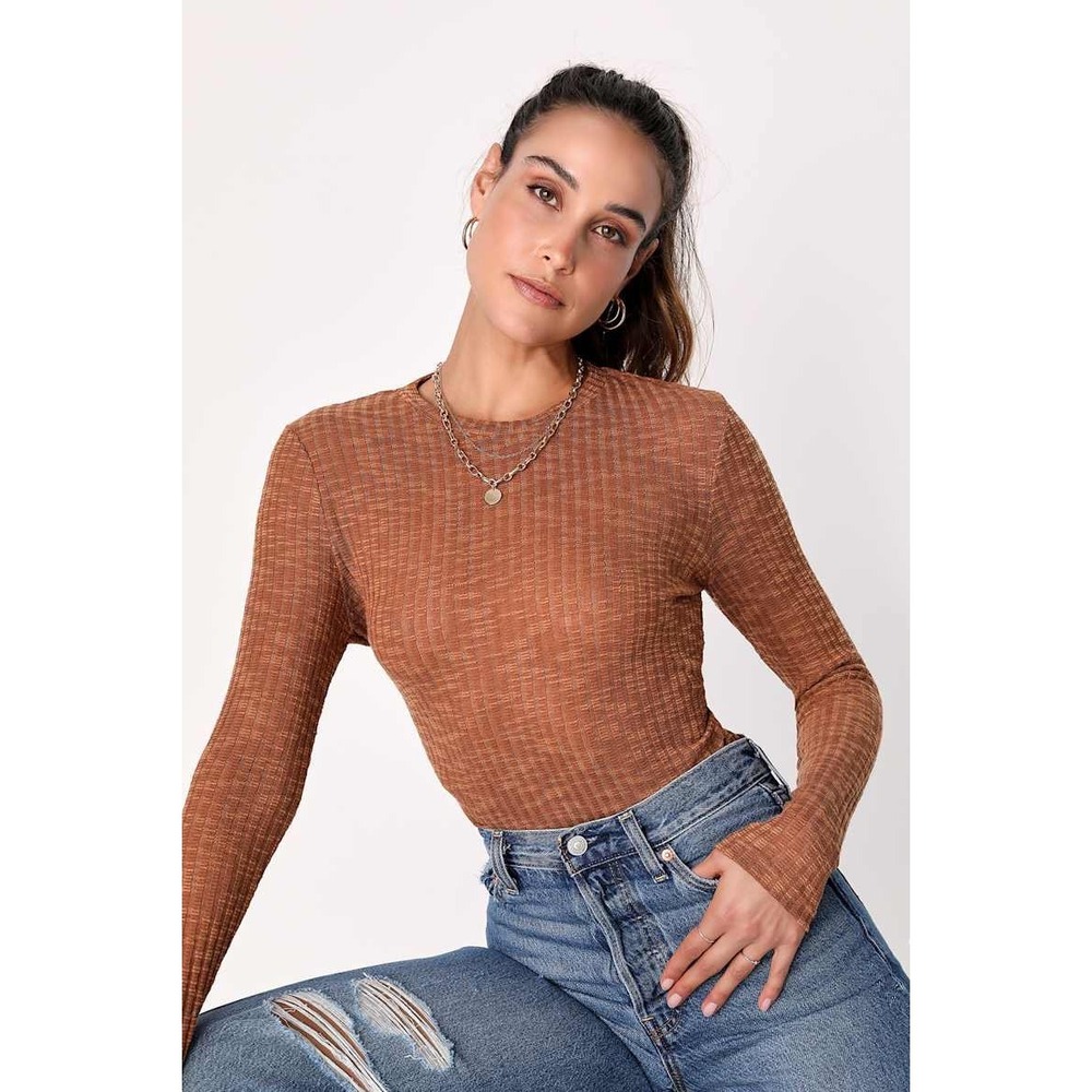Free People‎ Aura Ribbed Knit Layering Top Light Brown Medium